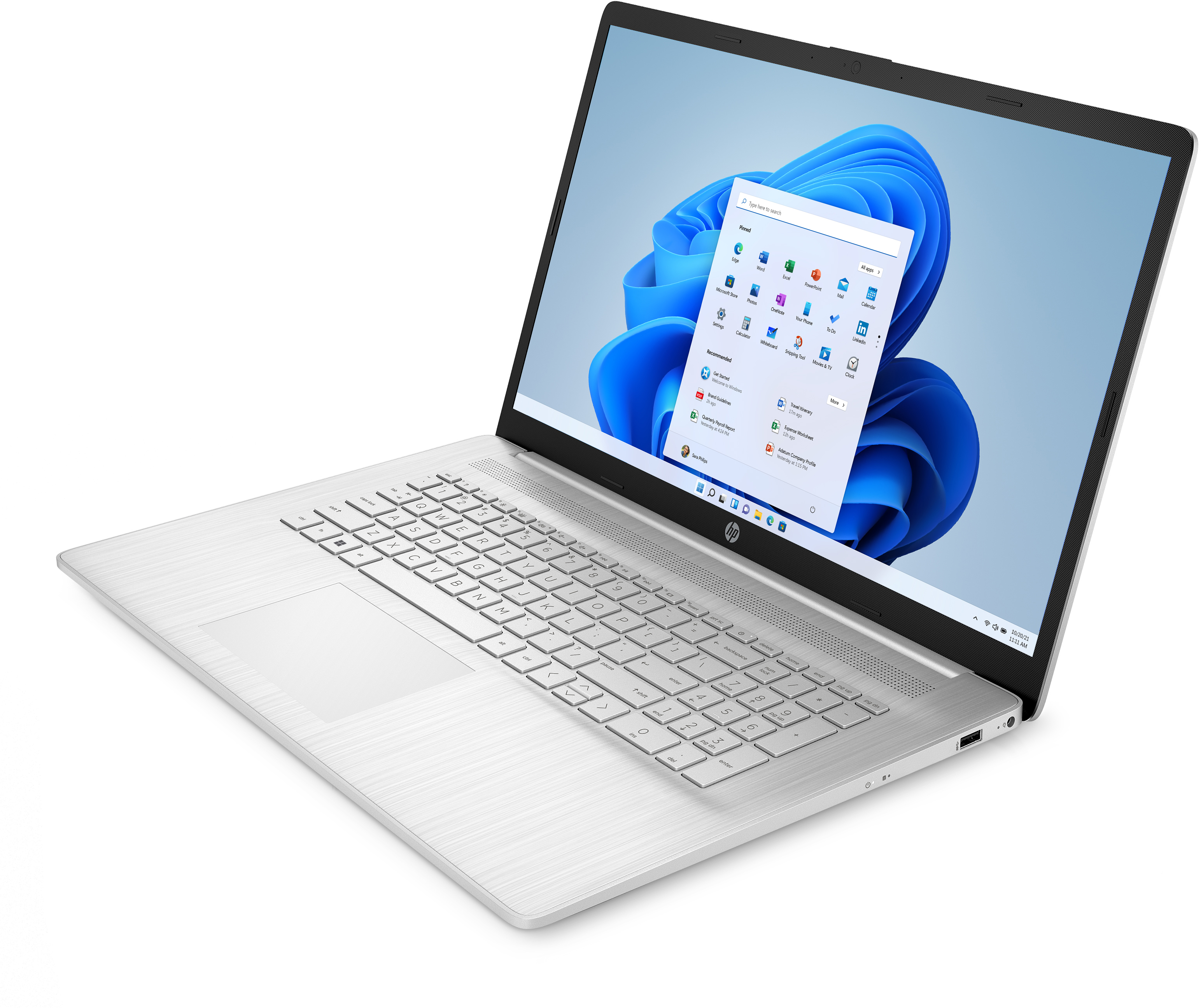 Laptop mit weißem Gehäuse und Bildschirm mit Windows 11-Oberfläche.