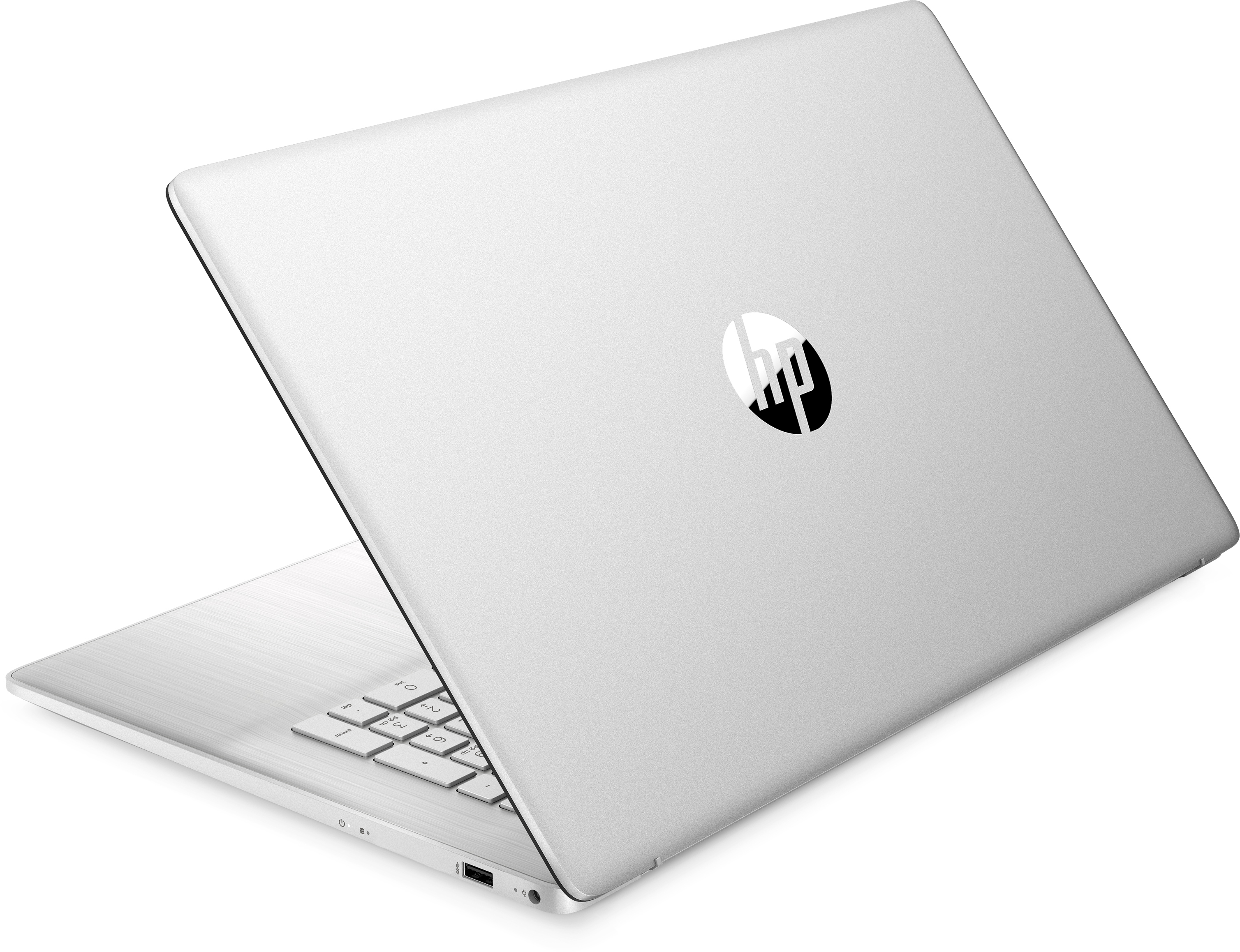 Silberner Laptop, Rückansicht, mit HP-Logo. Tastatur sichtbar.