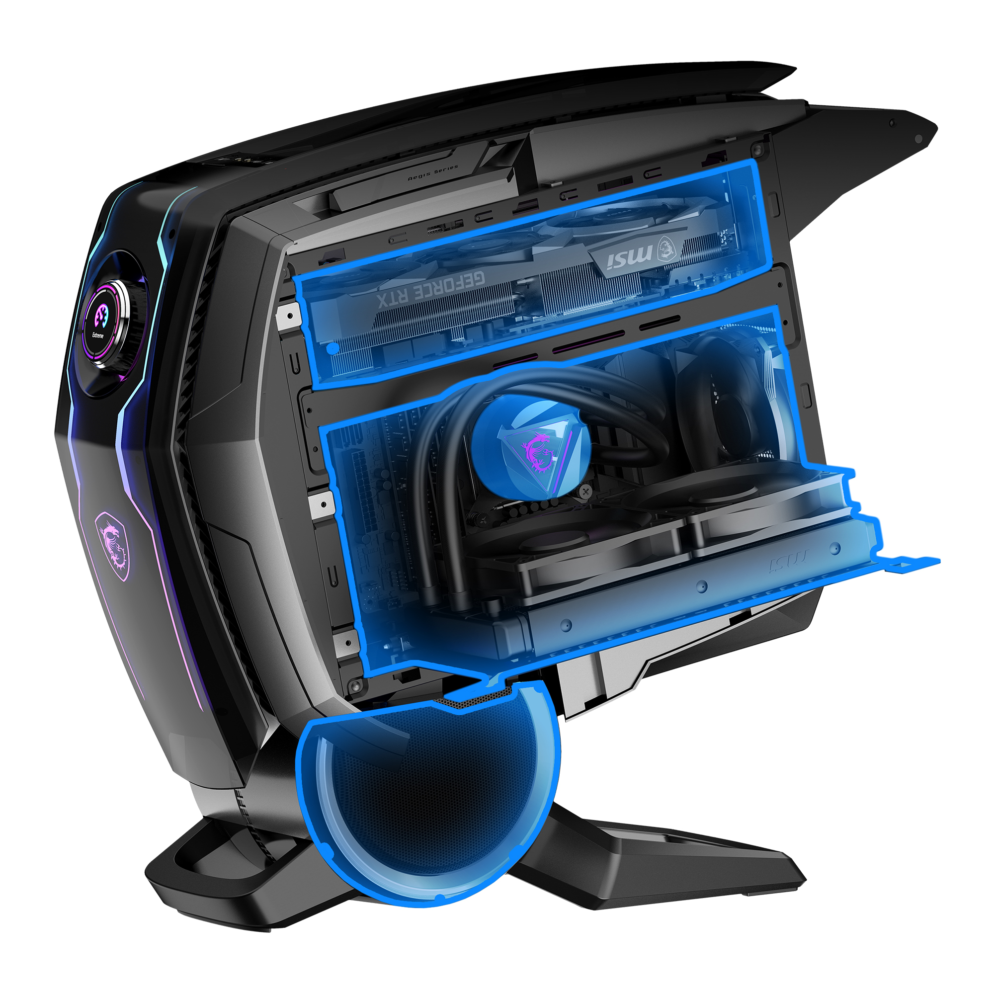 Gaming-PC mit geöffneter Seitenwand, zeigt interne Komponenten mit blauer Beleuchtung.