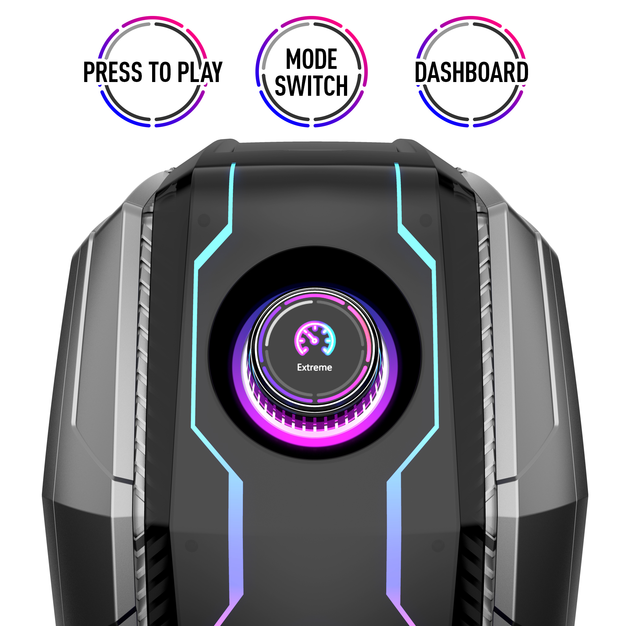 Gaming-PC-Frontplatte mit den beschrifteten Tasten: Press to Play, Mode Switch und Dashboard.