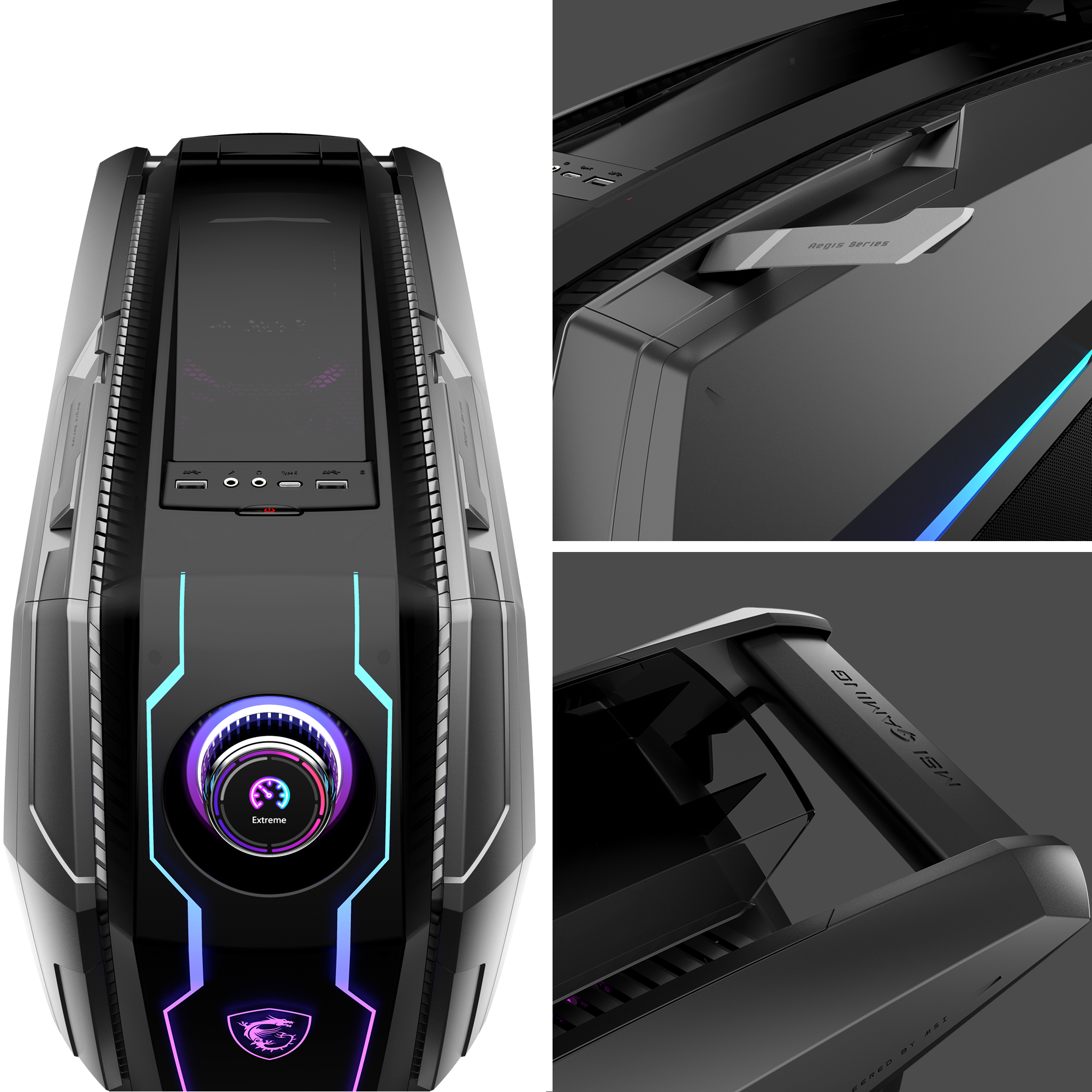 Ein schwarzes Computergehäuse mit farbenfroher LED-Beleuchtung. Nahaufnahmen zeigen Design- und Komponentendetails.