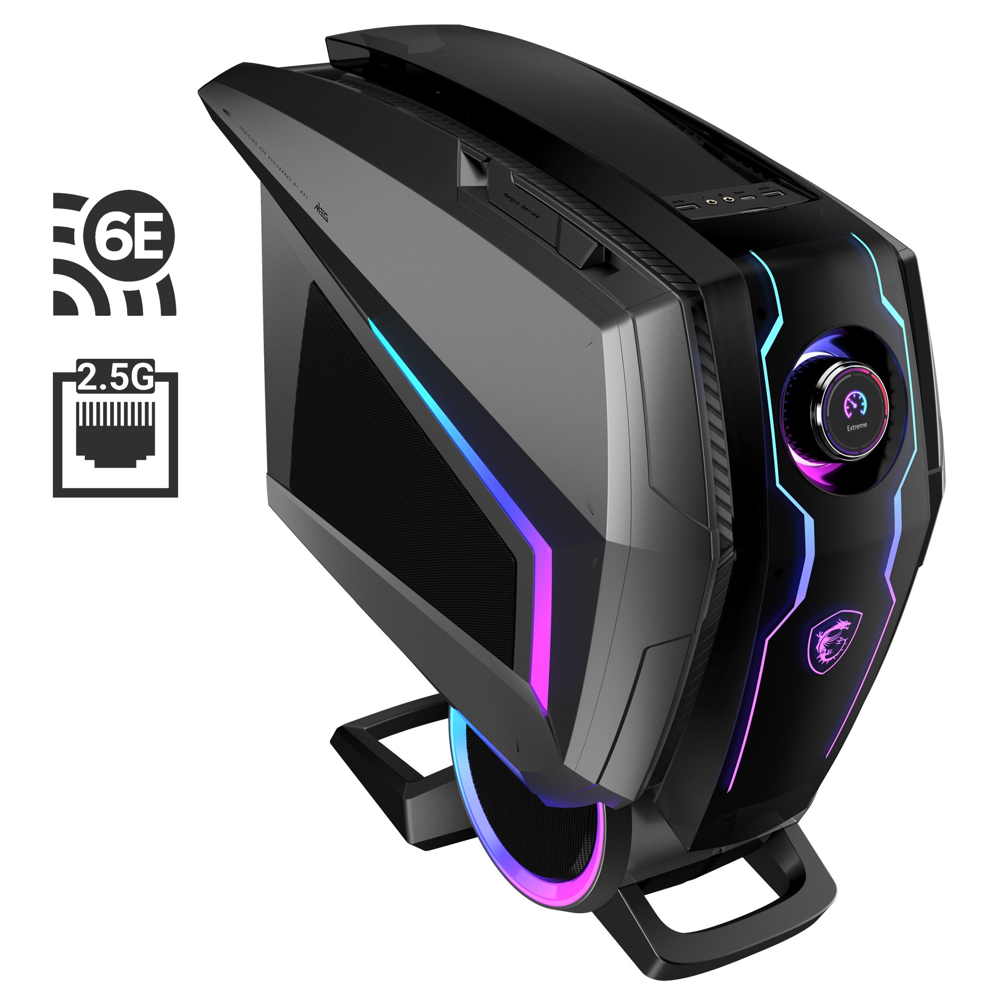 Ein futuristischer schwarzer Gaming-PC mit bunten LED-Lichtern und Logos.