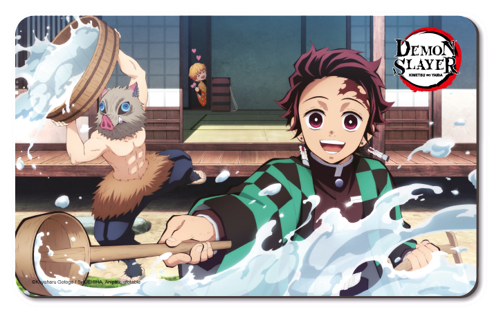 Anime-Bild von Tanjiro mit Wasserspritzer und zwei weiteren Charakteren in traditioneller japanischer Umgebung.