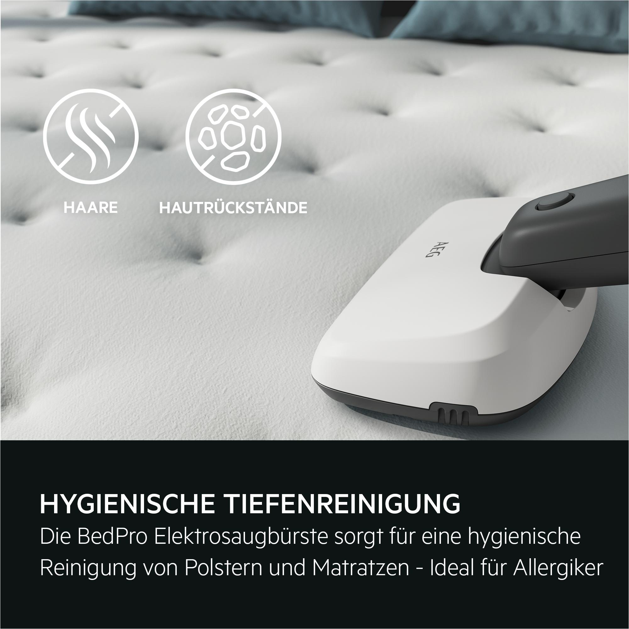 Ein Bild eines Reinigungsgeräts über einem Bett, mit Text über hygienische Tiefenreinigung und Haar- und Staubsymbolen.