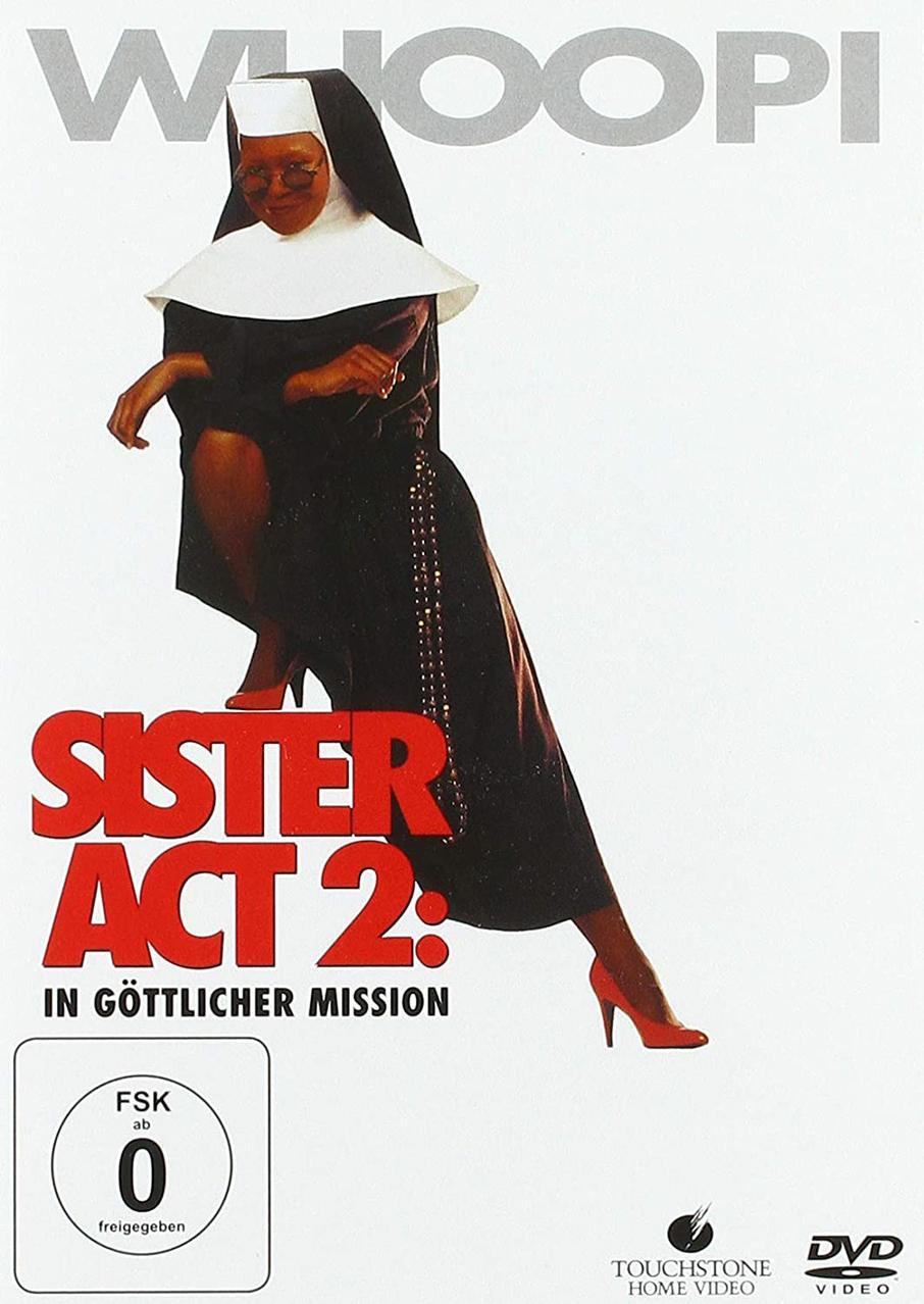 DVD-Cover für Sister Act 2, mit Whoopi Goldberg im Nonnenhabit. Ein roter Titel sticht hervor.