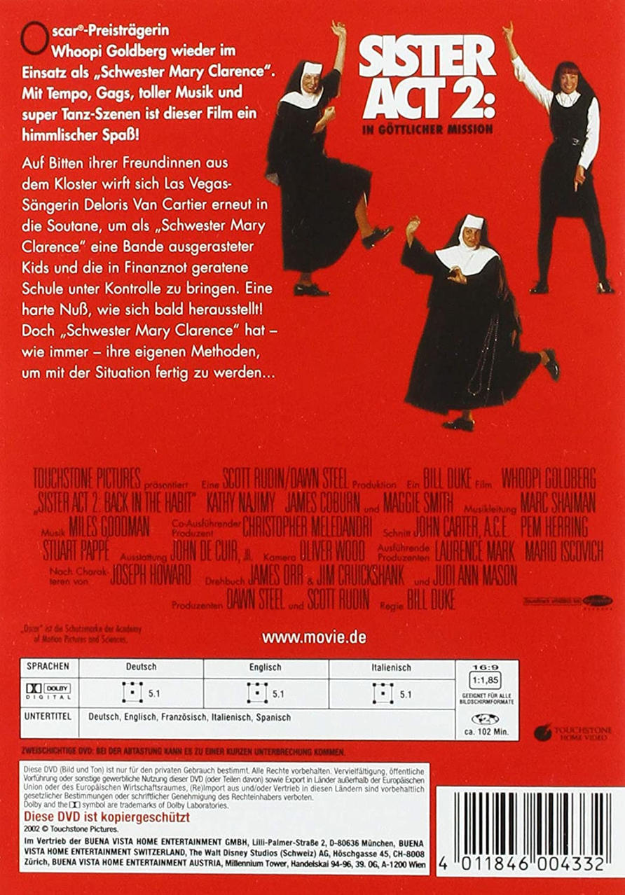 DVD-Hülle Rückseite mit Text und Bildern. Enthält Informationen zum Film Sister Act 2.