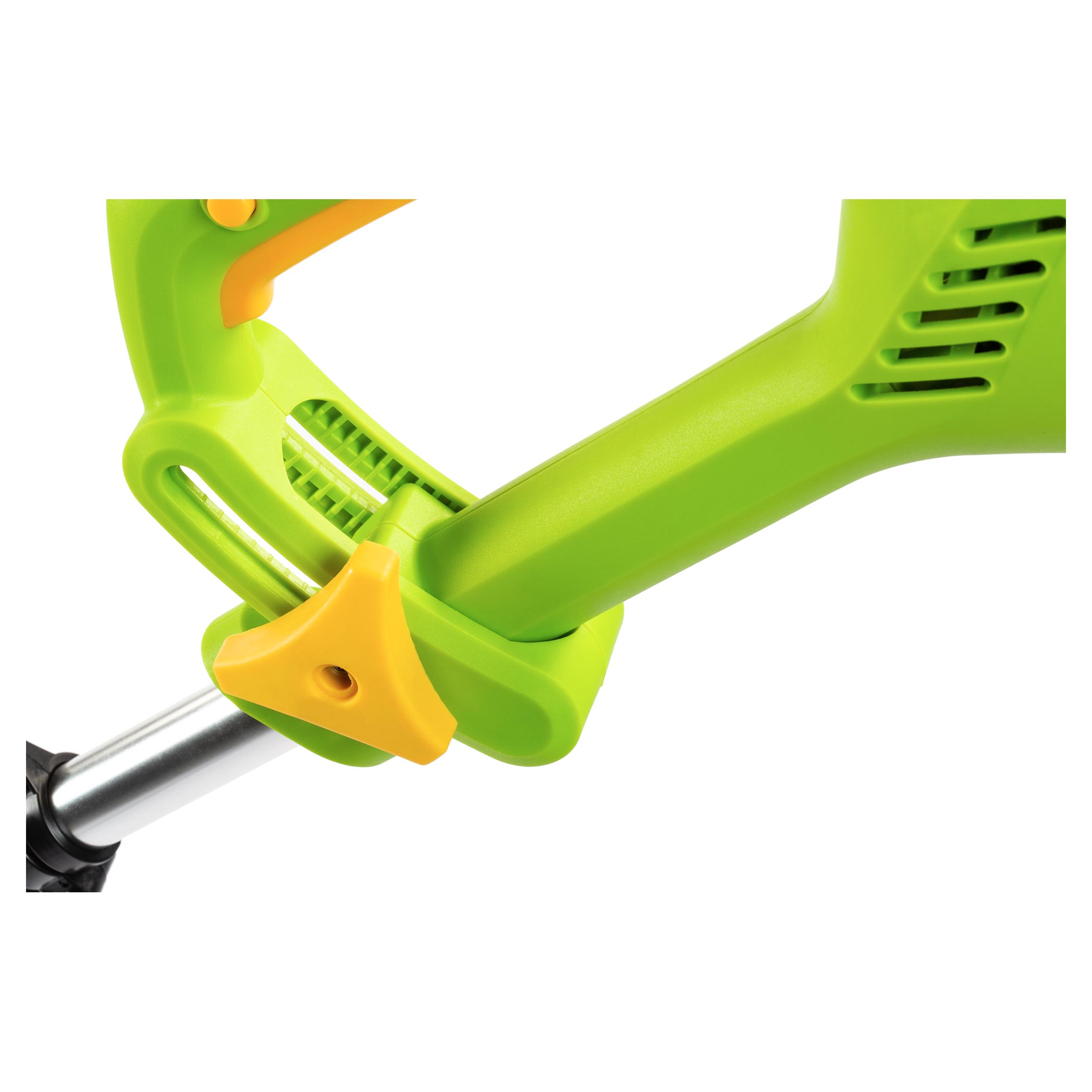 Zöld-sárga trimmer fogantyú a trimmer fém részével.