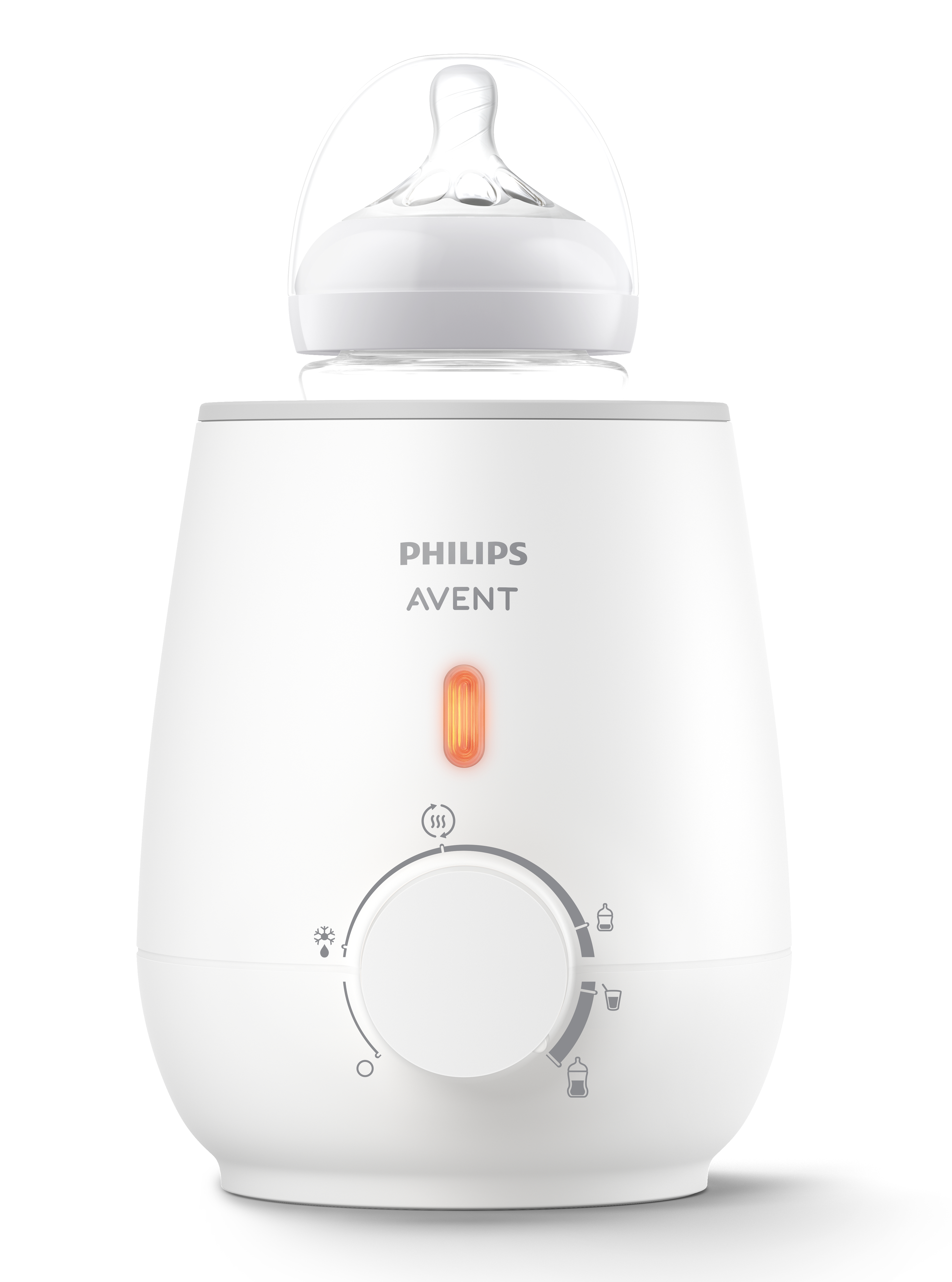 Weißer Philips Avent Flaschenwärmer mit einer Flasche oben. Er hat einen Drehregler und ein orangefarbenes Licht.