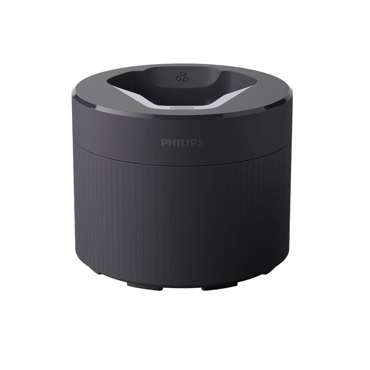 Czarna stacja ładująca Philips, cylindryczna z zakrzywionym wierzchem, do golarki elektrycznej.