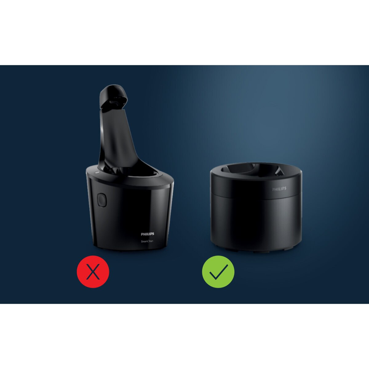 Czarny środek do czyszczenia golarki Philips, prawy pojemnik oznaczony jako poprawny.