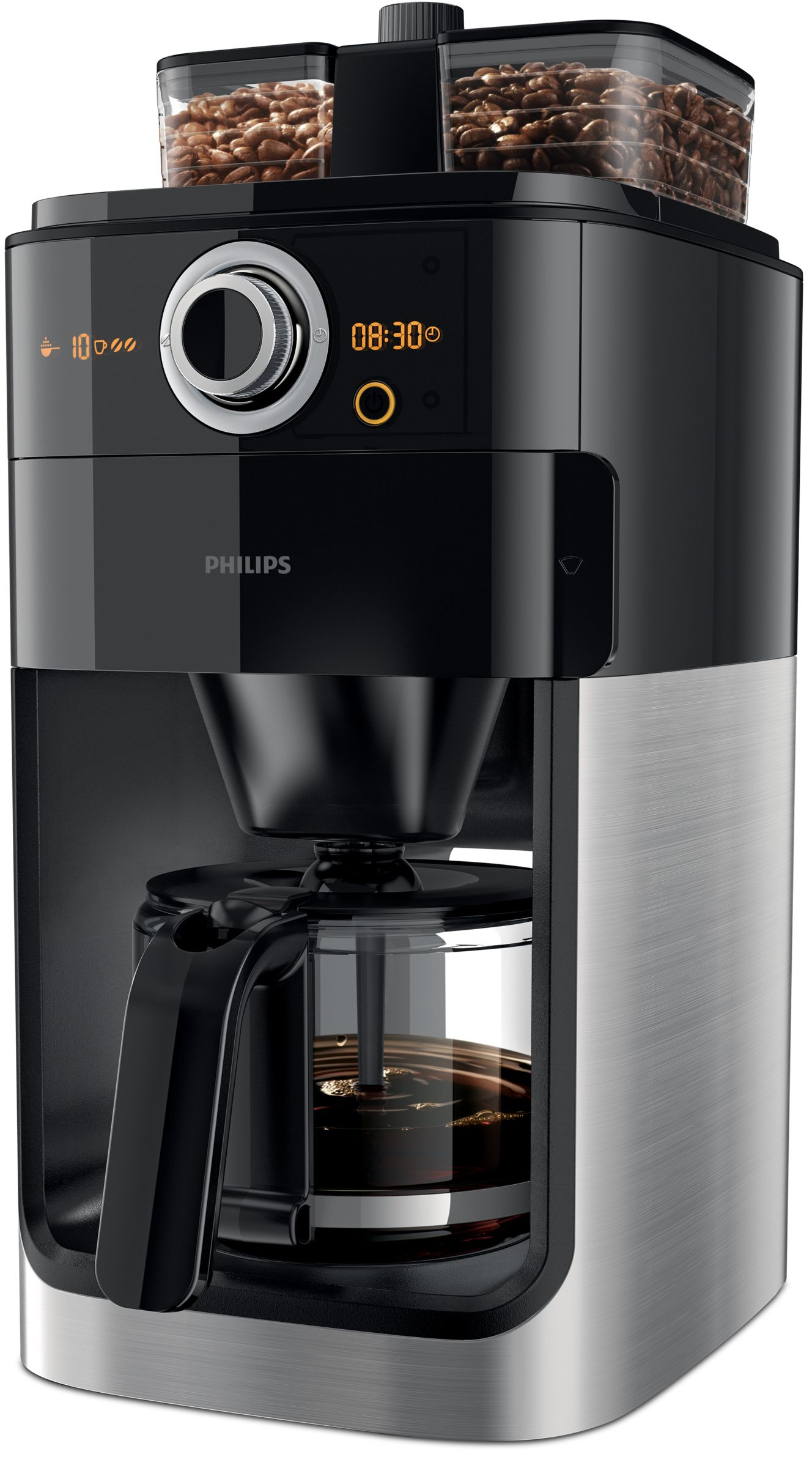 PHILIPS  Percolateur Double Grind and Brew (HD7769/00) - Machine à café - Capacité (réservoir d'eau): 1,2 l - Type de pot: Verre - Durée de maintien au chaud 2 h - Noir