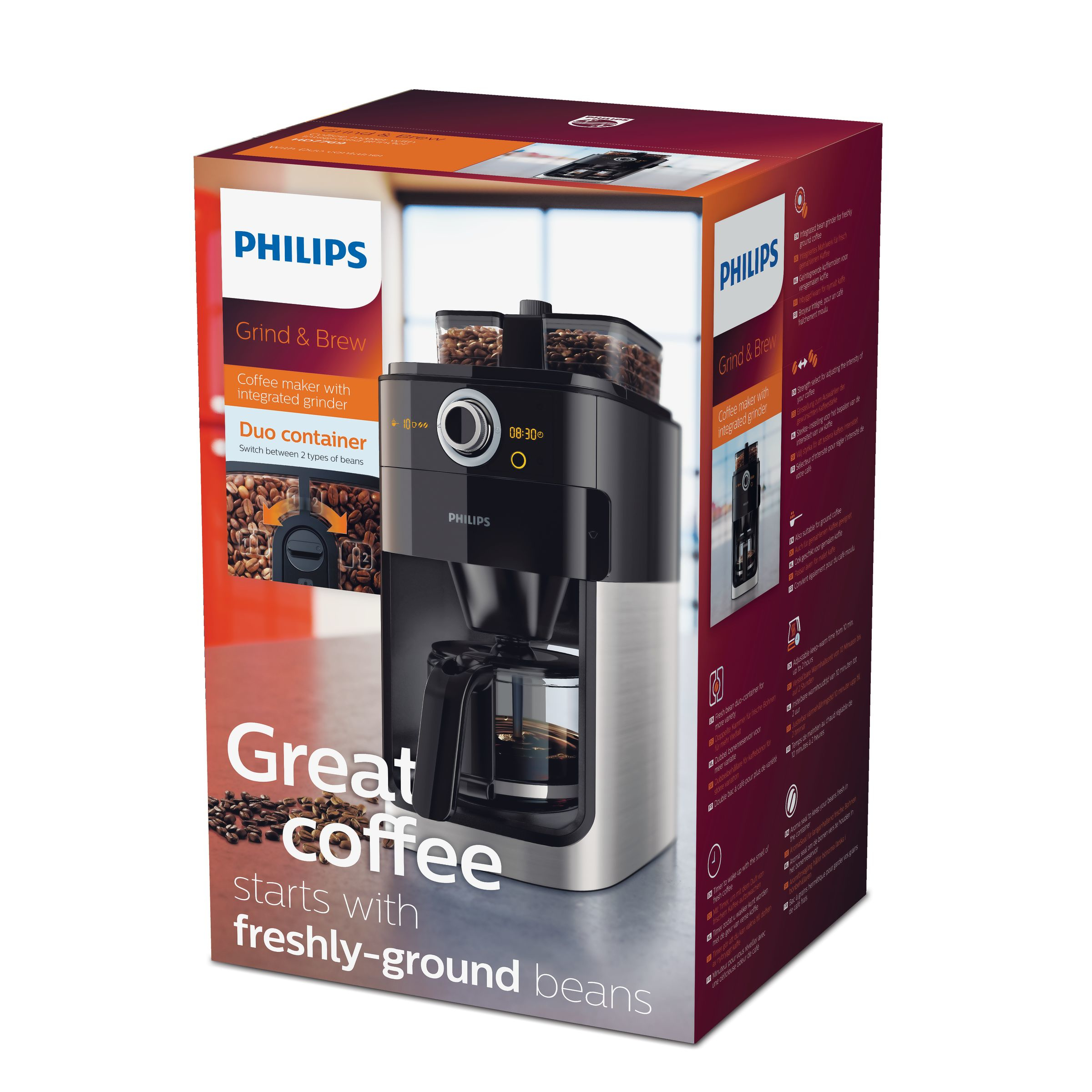 PHILIPS  Percolateur Double Grind and Brew (HD7769/00) - Machine à café - Capacité (réservoir d'eau): 1,2 l - Type de pot: Verre - Durée de maintien au chaud 2 h - Noir