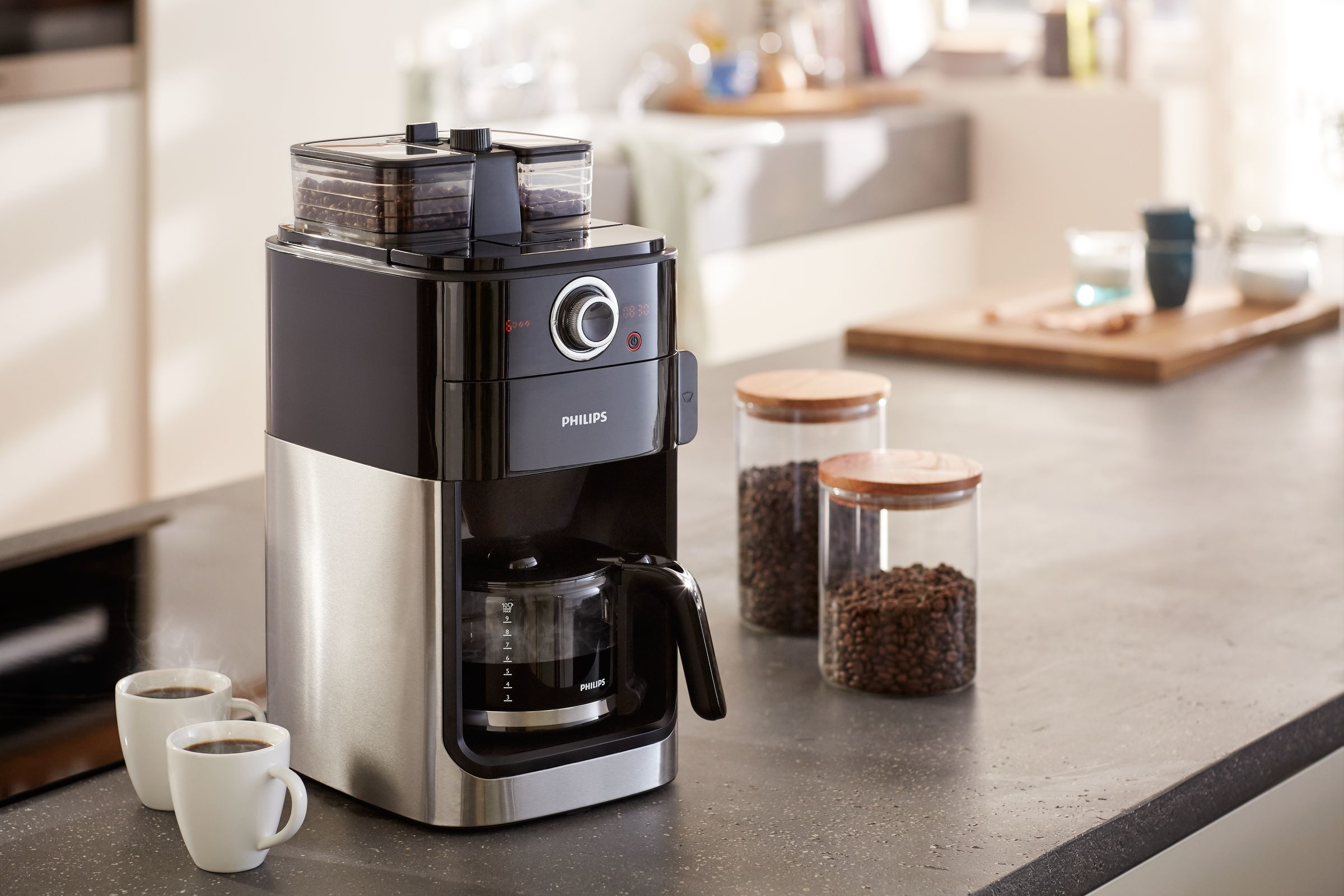 PHILIPS  Percolateur Double Grind and Brew (HD7769/00) - Machine à café - Capacité (réservoir d'eau): 1,2 l - Type de pot: Verre - Durée de maintien au chaud 2 h - Noir