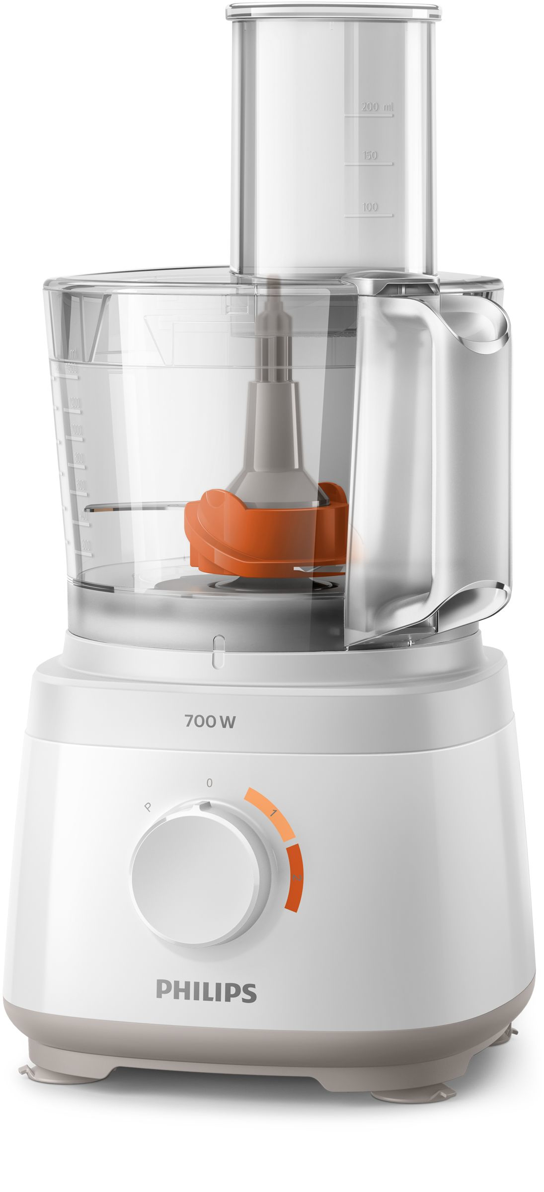 White food processor with orange accents and a clear container.