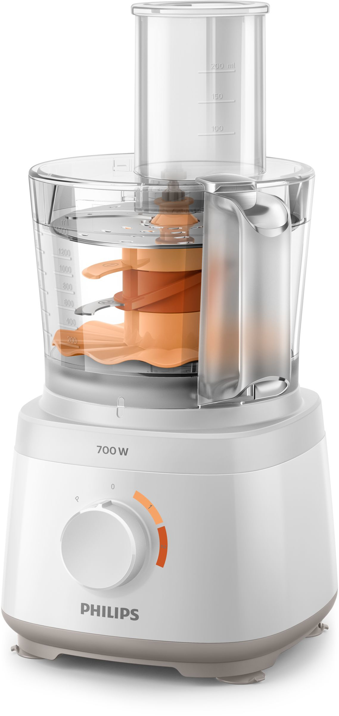 White Philips food processor with orange dial and a clear container.