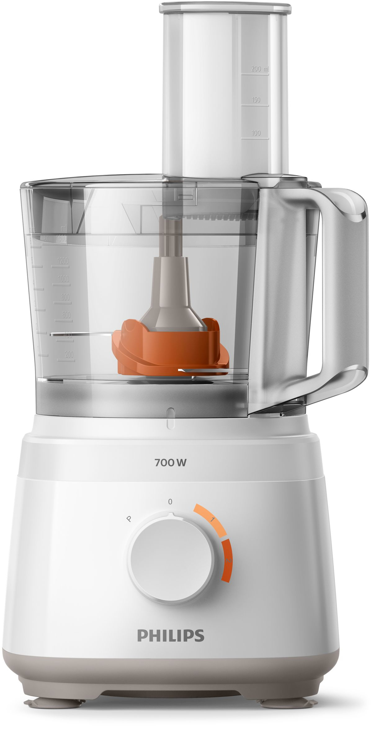 White food processor, with a transparent container, orange and gray details.
