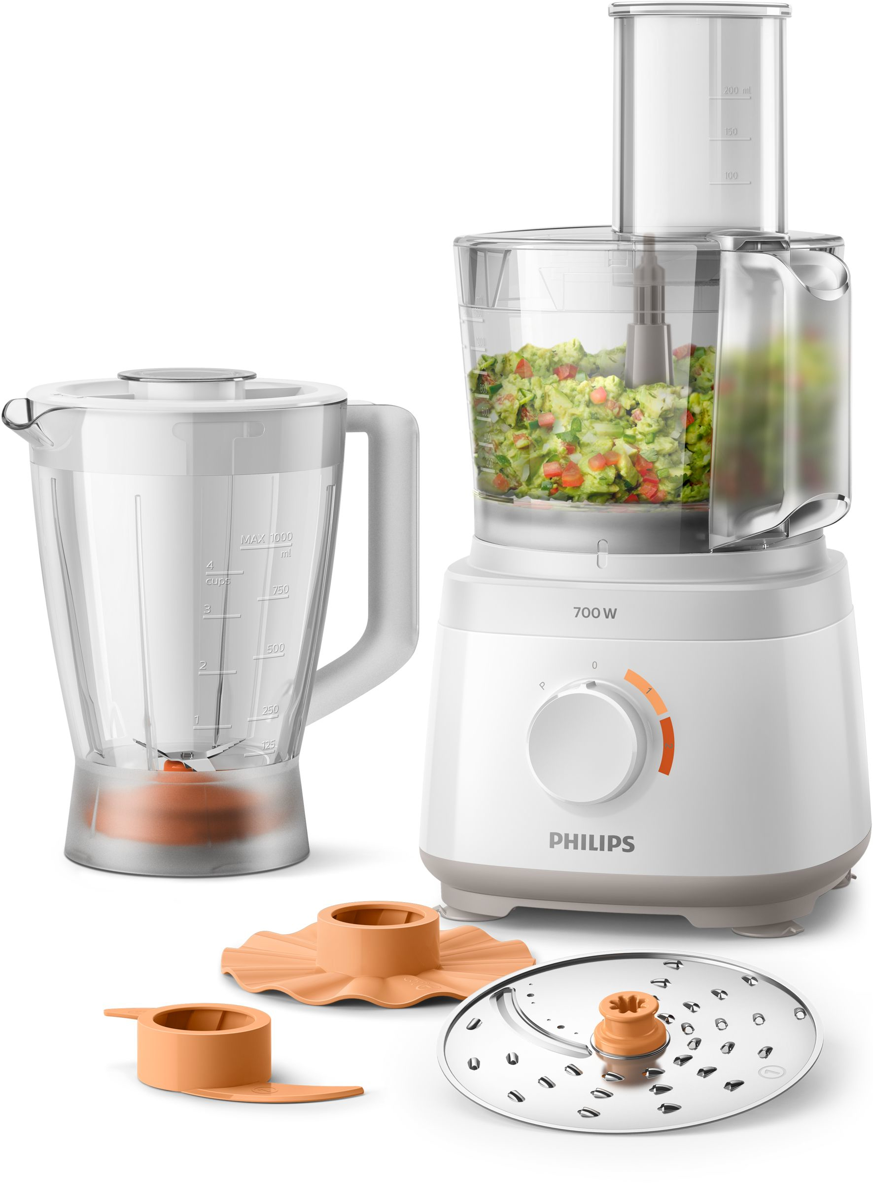 A white and transparent Philips food processor with blades, containers, and a blender.