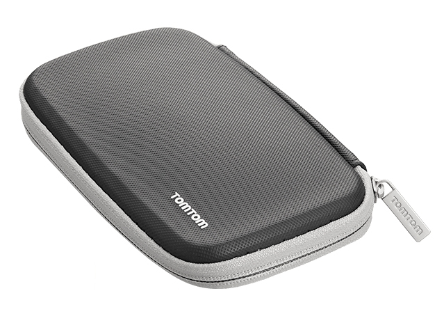 A gray TomTom case, zipped and closed. The case has a zipper and the TomTom logo on it. It is on a white background.