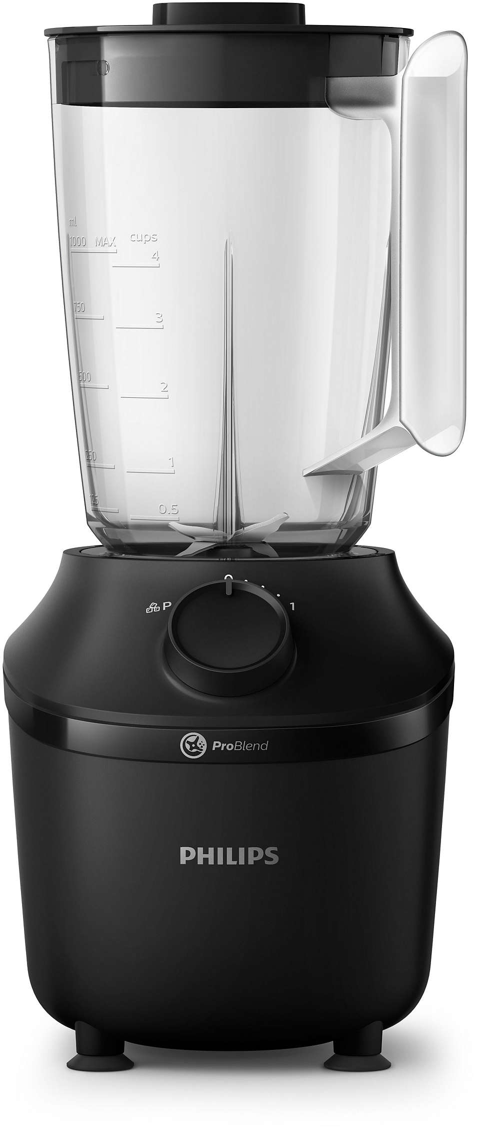 A black Philips blender with a clear pitcher and a control dial, angled view.