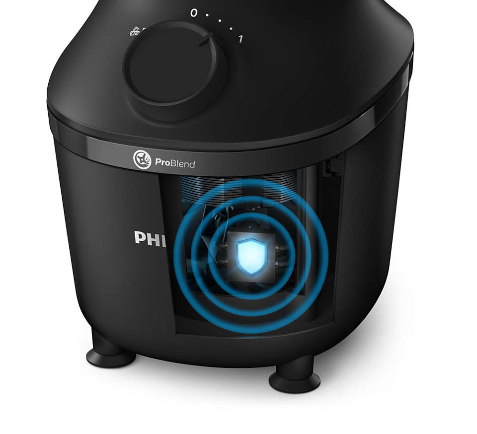Close-up of a black blender showing the base with the ProBlend logo and a dial.