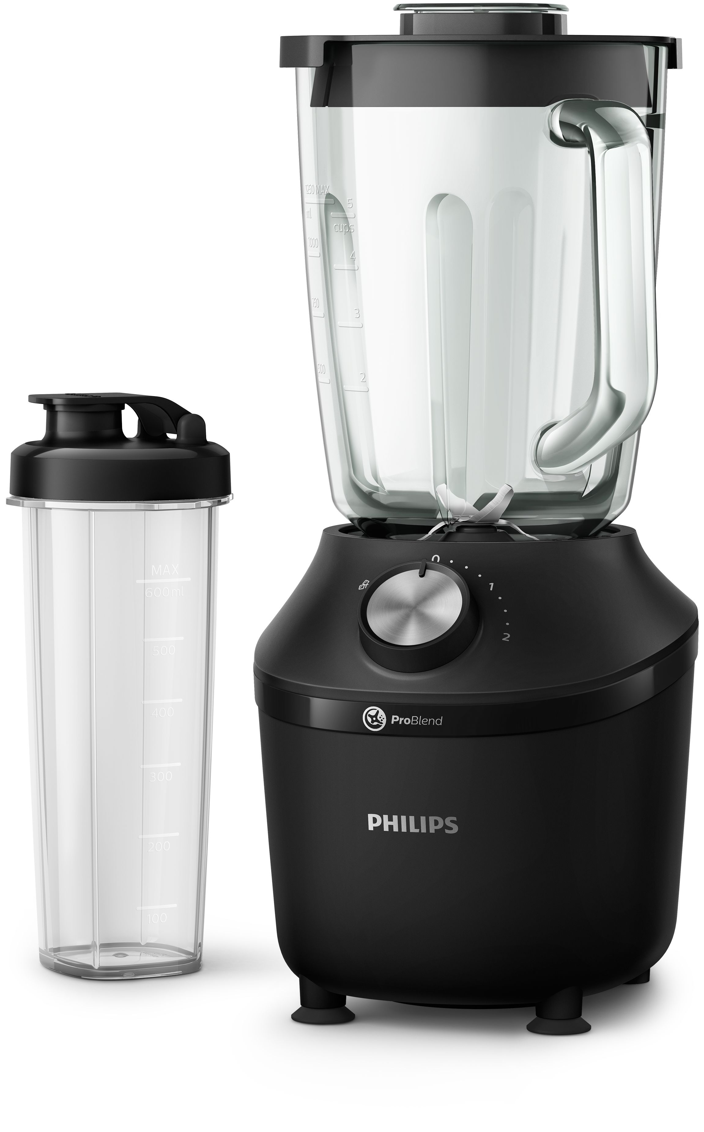 Black blender with a shaker cup. Glass jar. ProBlend and Philips text.