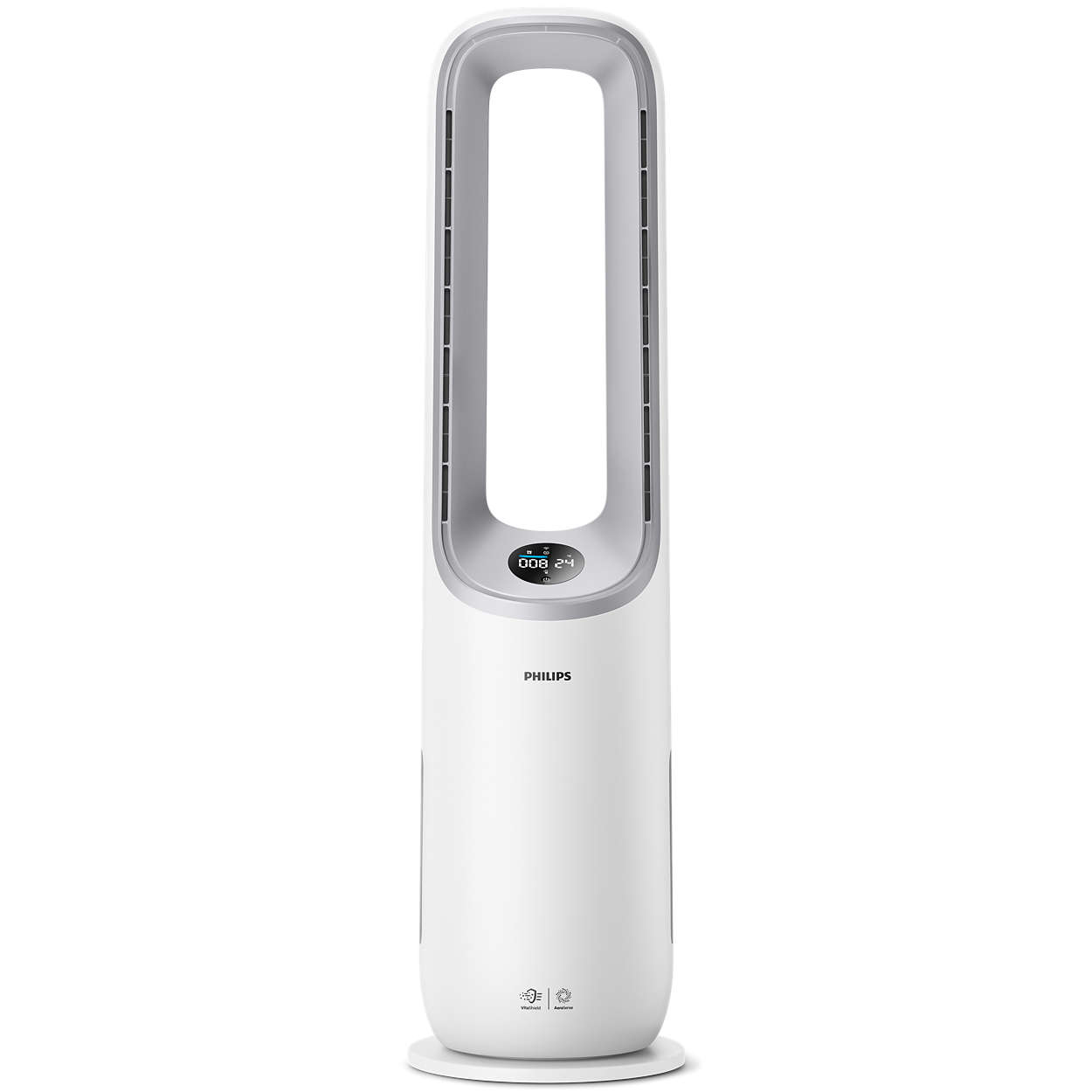 White Philips air purifier tower. Tall design, with a digital display, and a round base.