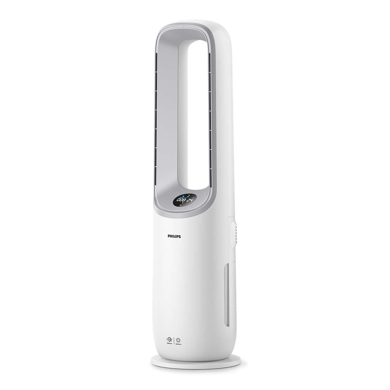 White Philips tower fan with a digital display, and a water reservoir.