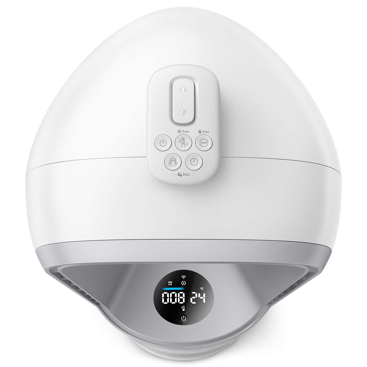White, egg-shaped device with buttons and a digital display, top view.