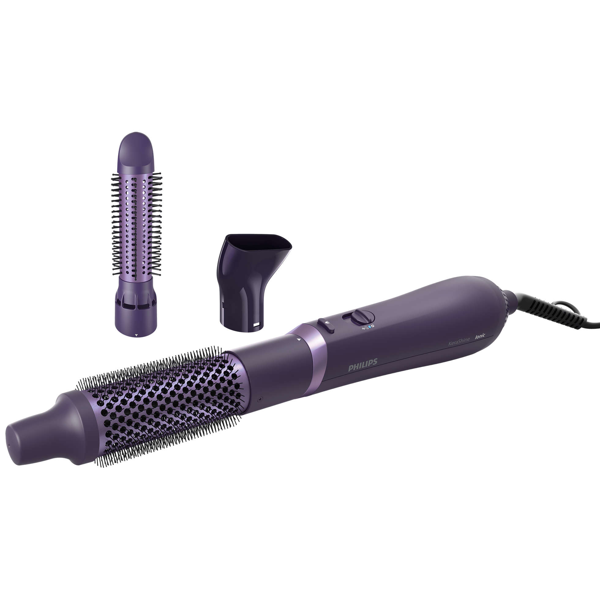 Purple Philips hair styler with attachments. Includes brush, nozzle, and round brush. White background.