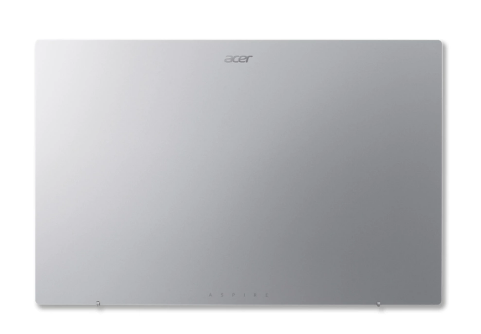 Gümüş renkli bir Acer Aspire dizüstü bilgisayarın arkası ve 'Acer' yazısı.