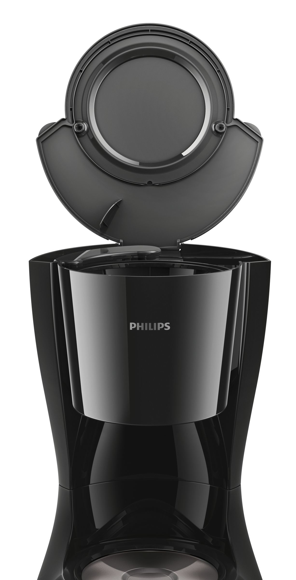 Een zwarte Philips koffiezetapparaat met het deksel open. De binnenkant is zichtbaar.