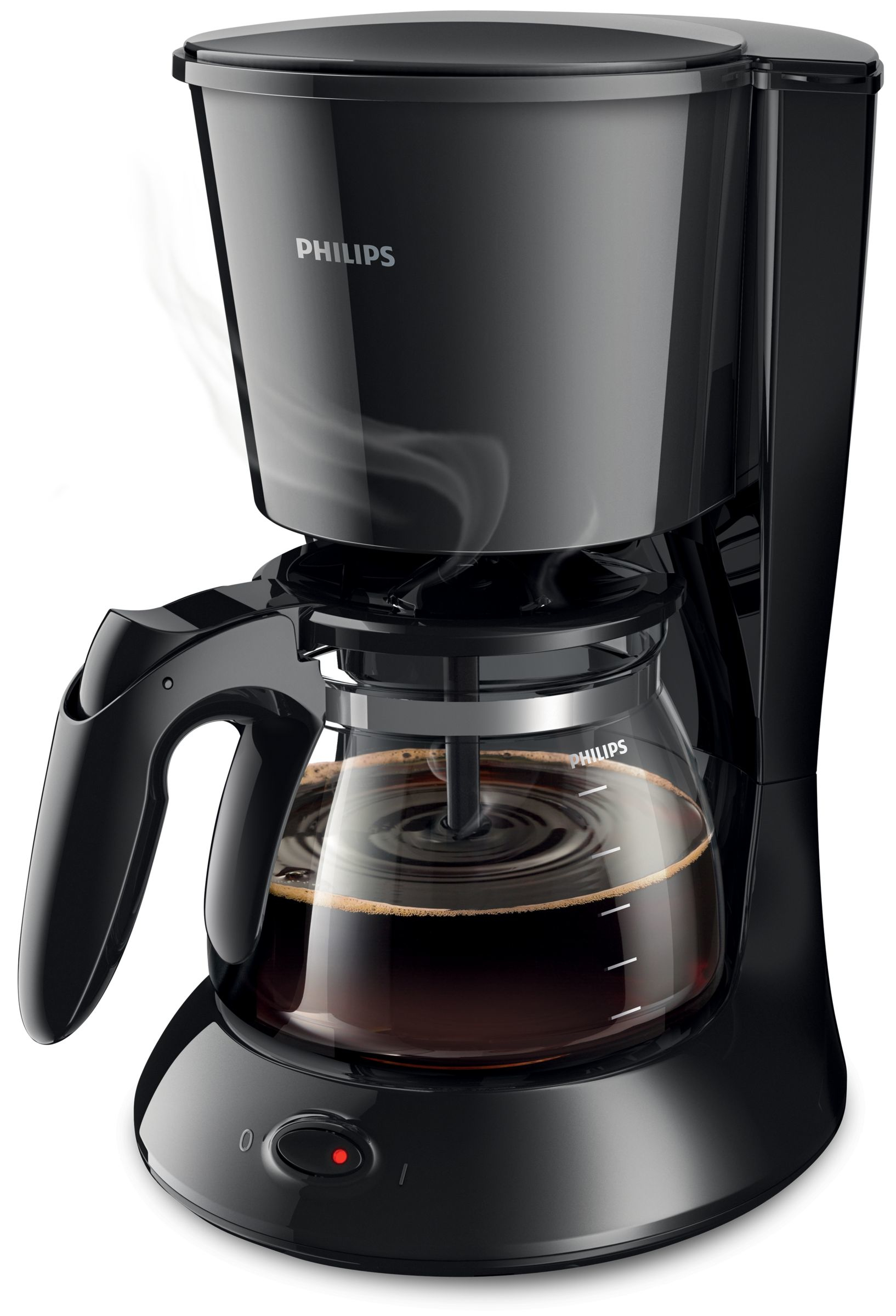 Zwarte Philips koffiezetapparaat met koffiekan, stoom stijgt op.
