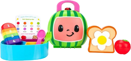 Egy gyereklunchbox görögdinnye alakban, ételjátékokkal és egy tanuló táblázattal.
