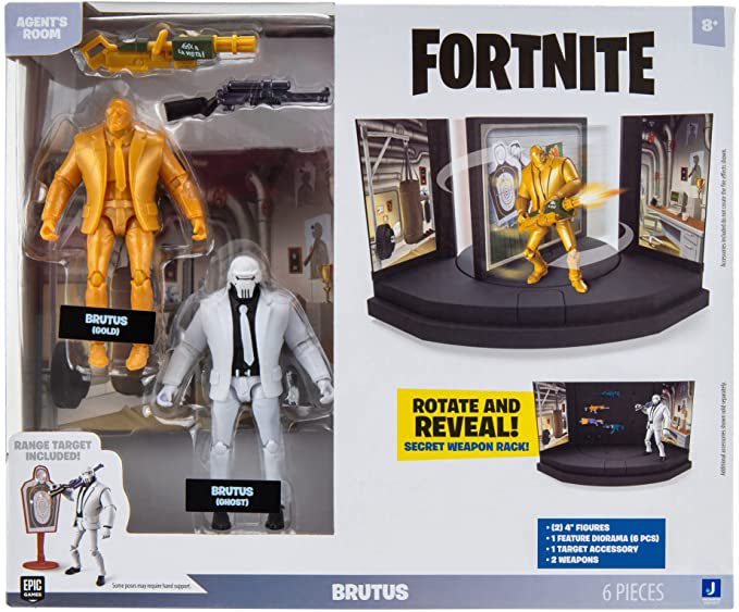 Fortnite játék készlet. Két figura, egy sárga és egy fehér, fegyverekkel és diorámákkal.