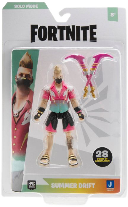 Fortnite Summer Drift akciófigura csomagban. Rózsaszín és kék figura, csákányokkal.