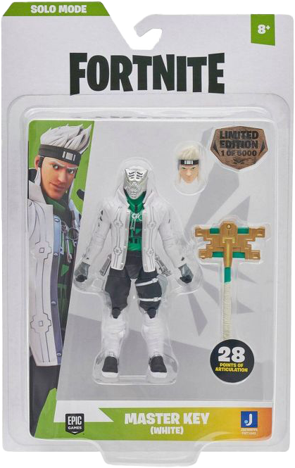 Fortnite Master Key akciófigura csomagolásban, fehér öltözék, zöld díszítések.
