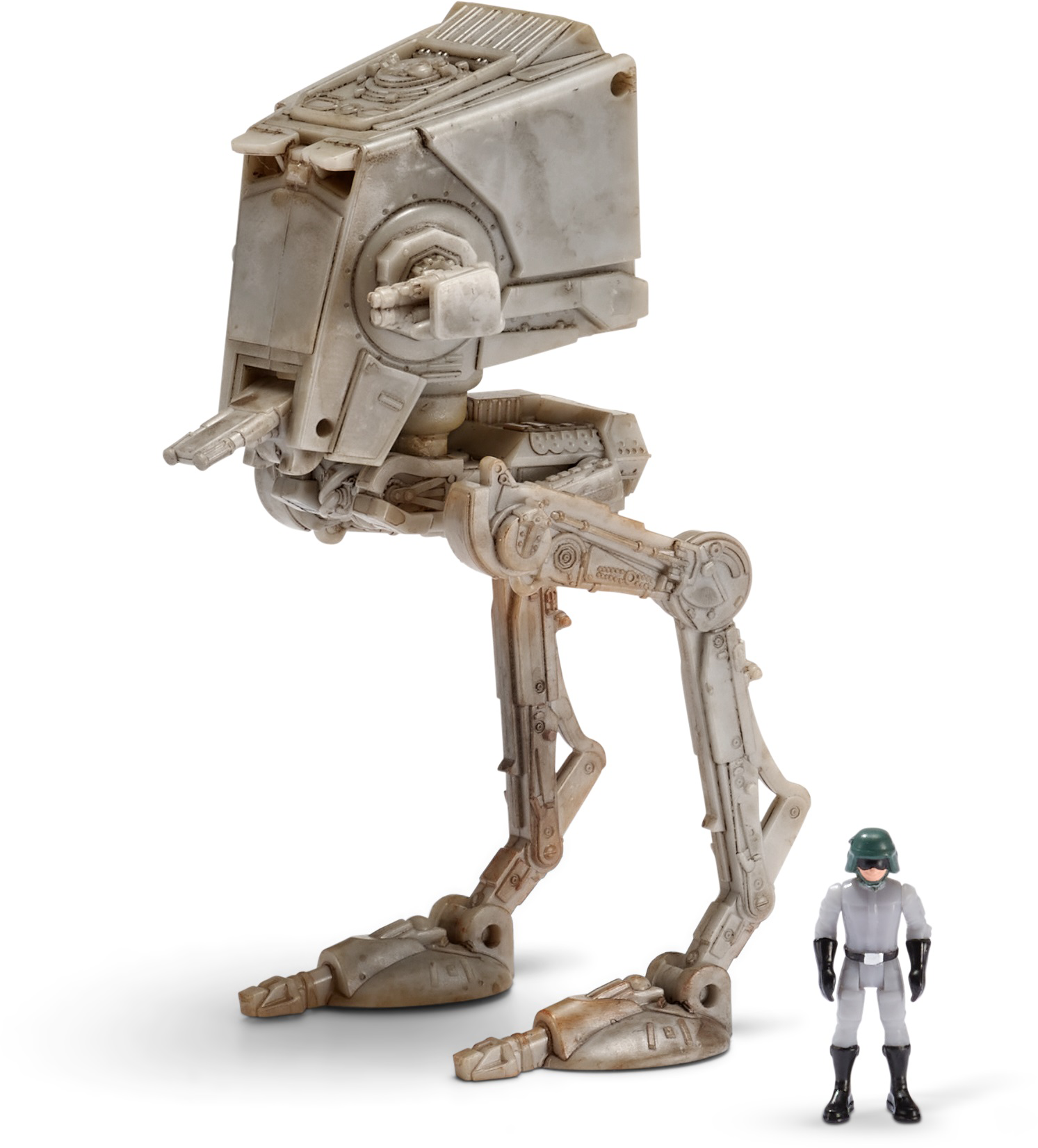 Star Wars AT-ST lépegető játék katonafigurával, fehér háttér előtt.