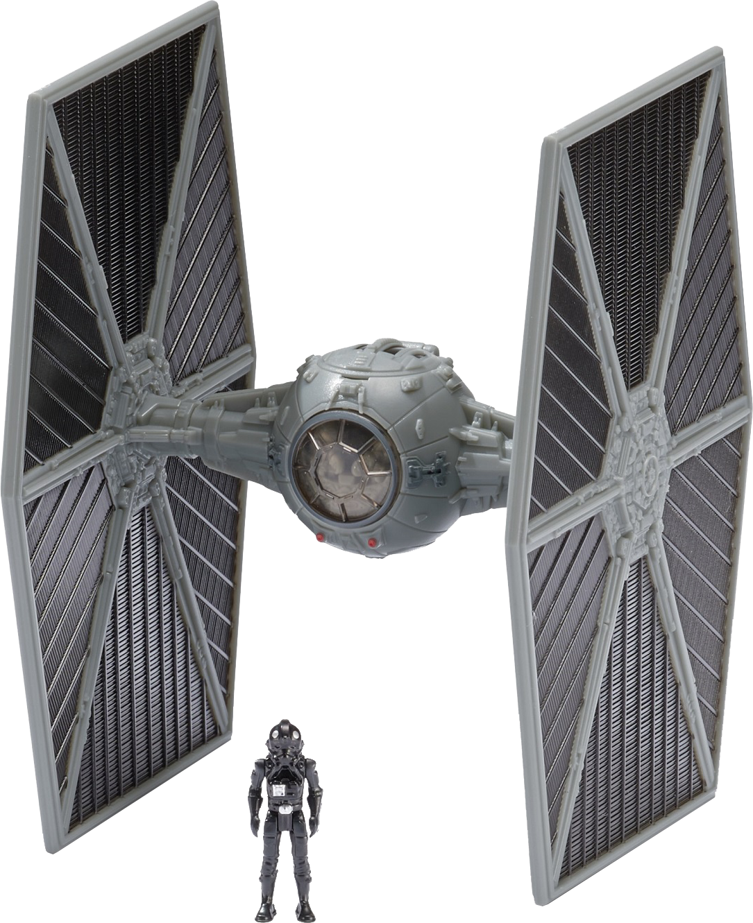 Star Wars TIE vadászgép modell pilótafigurával, fekete háttér előtt.