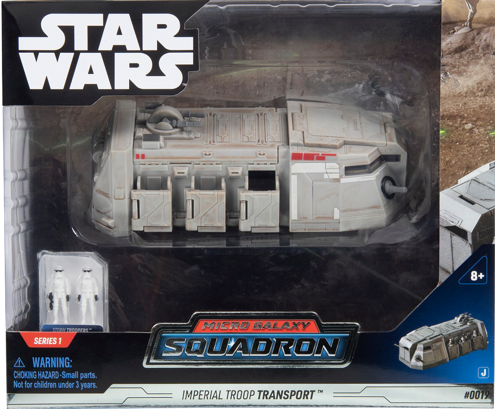 Star Wars Micro Galaxy Squadron Imperial Troop Transport játék egy dobozban. Két rohamosztagos, szürke jármű.