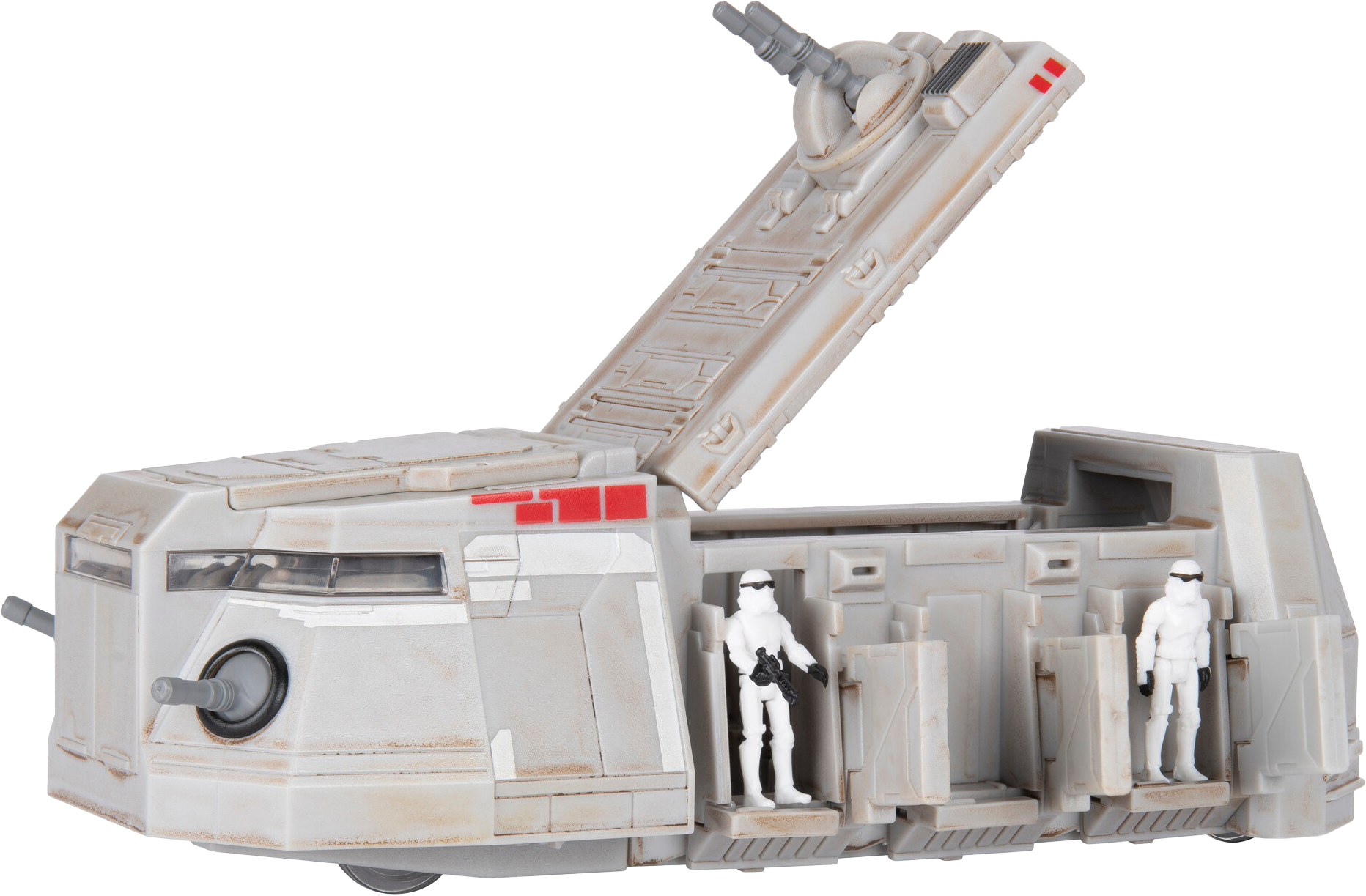 Egy barna Star Wars szállító nyitott rámpával, 2 figurával belül. Fekete háttér.