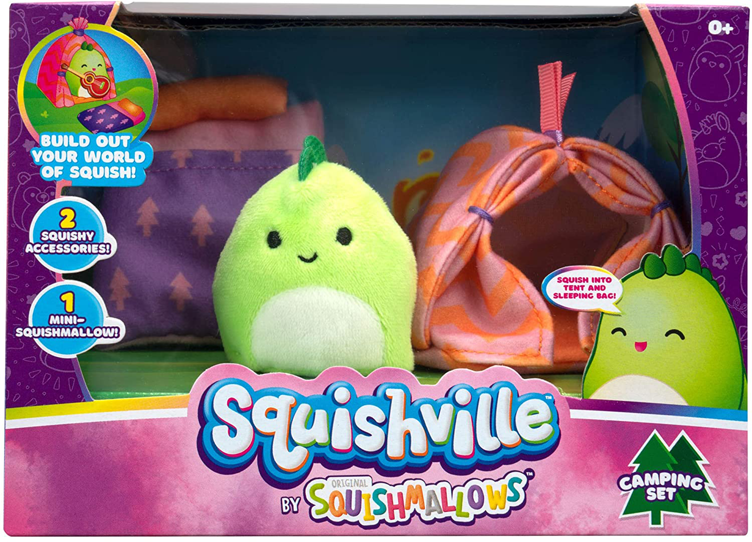 Squishville kemping szett. Egy zöld dinoszaurusz plüss, egy sátor és kiegészítők egy dobozban.