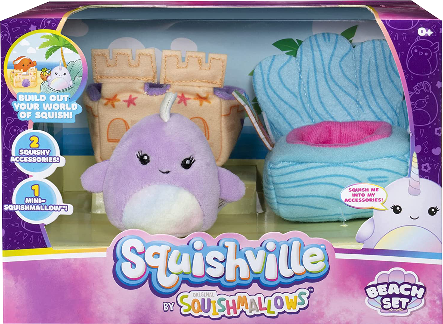 Egy Squishville Beach Set játékkészlet doboza. Tartalmaz egy lila Narvált és strandkiegészítőket.