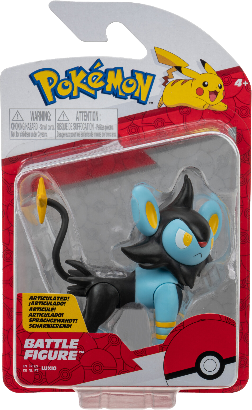 Luxio Pokemon figura buborékcsomagolásban. Kék-fekete lény. Piros-sárga csomagolás.