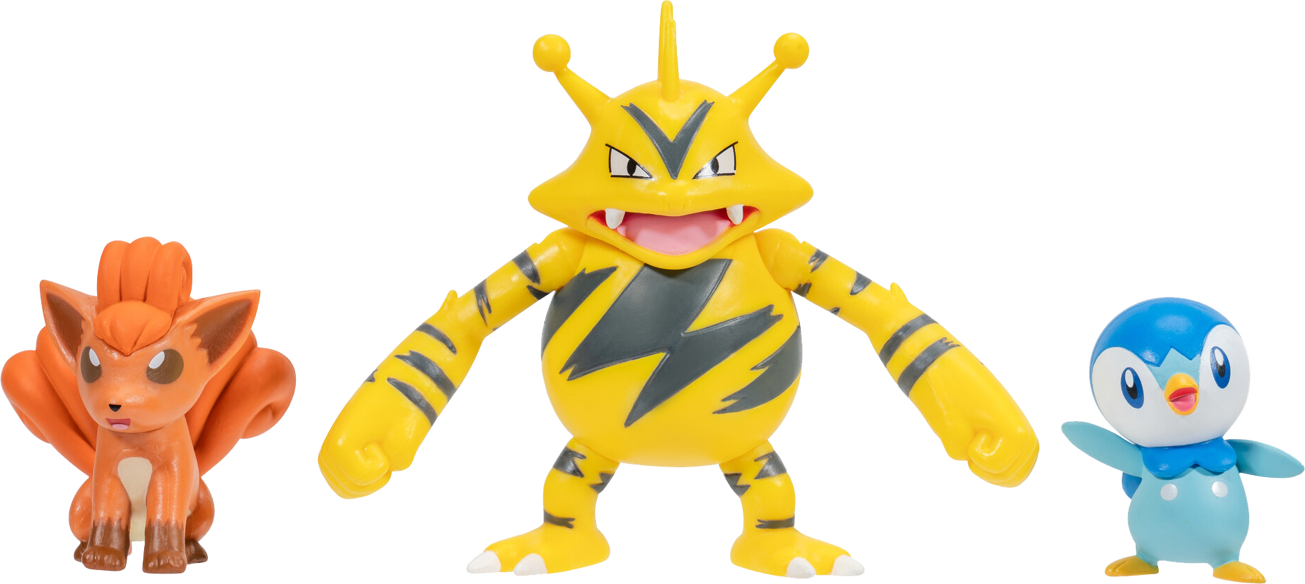 Három Pokemon figura: Vulpix, Electabuzz és Piplup. Egy felületen állnak.