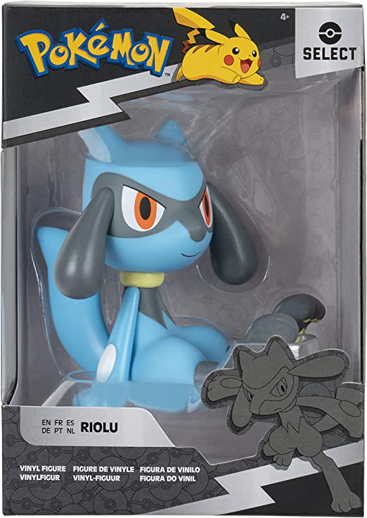 Pokemon Riolu figura dobozban. Kék és szürke Riolu figura sárga díszítésekkel.