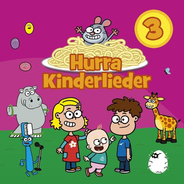 Cartoon-Cover mit Figuren, einem Spaghettiteller und den Worten 'Hurra Kinderlieder'.