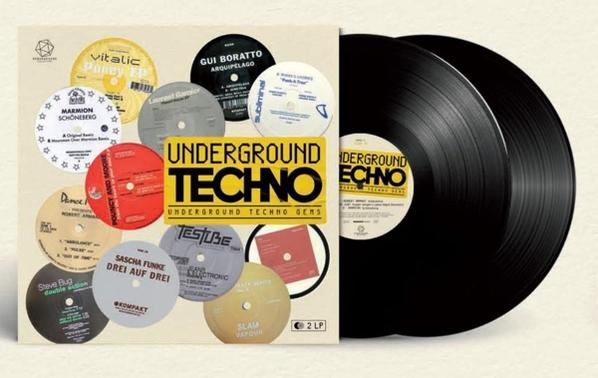 Album mit schwarzen Schallplatten, verschiedenen Schallplattenetiketten und dem Text 'Underground Techno'.