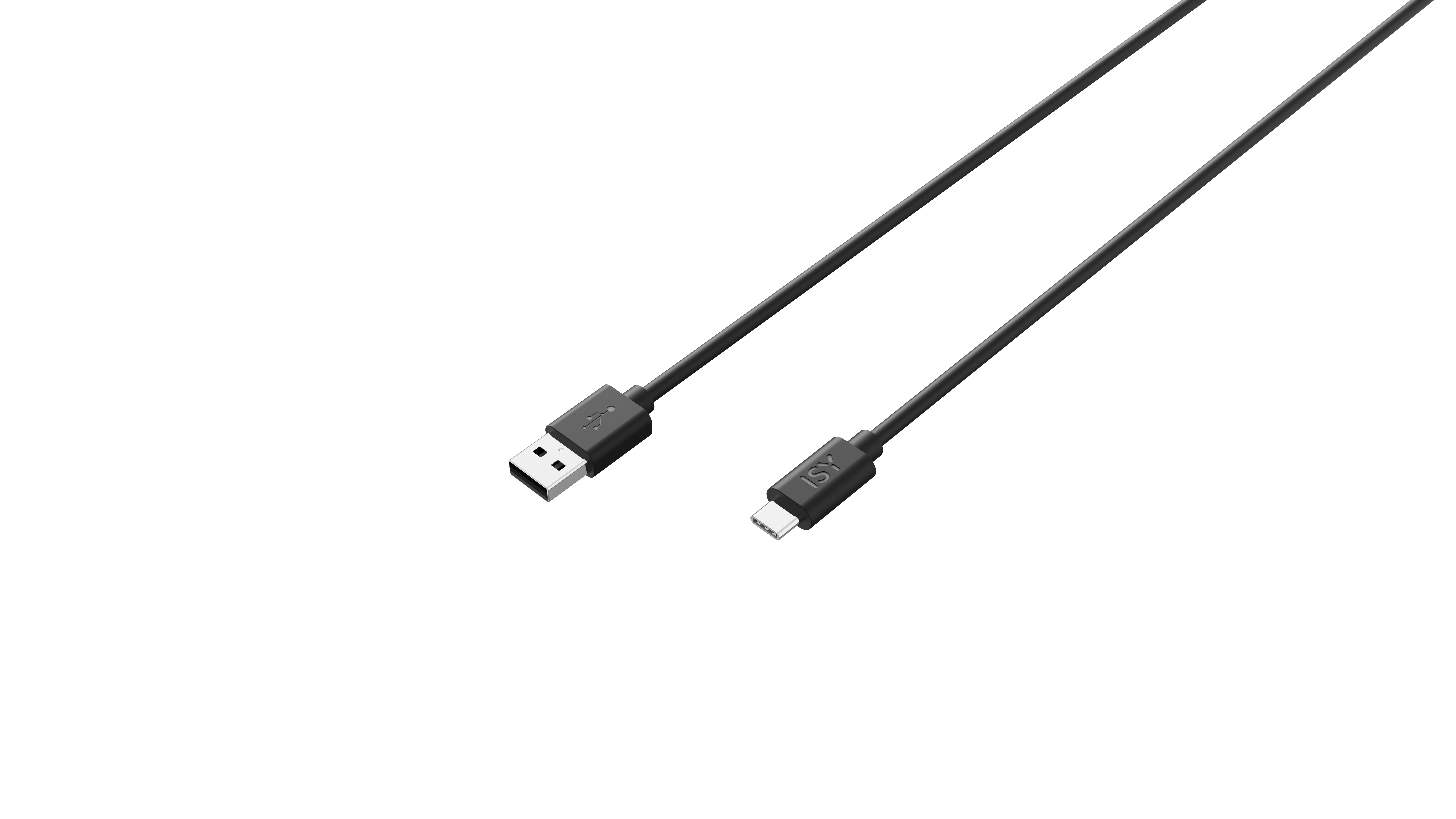 Schwarzes USB-zu-USB-C-Kabel auf weißem Hintergrund. Die Anschlüsse sind sichtbar, zeigen USB- und USB-C-Enden.