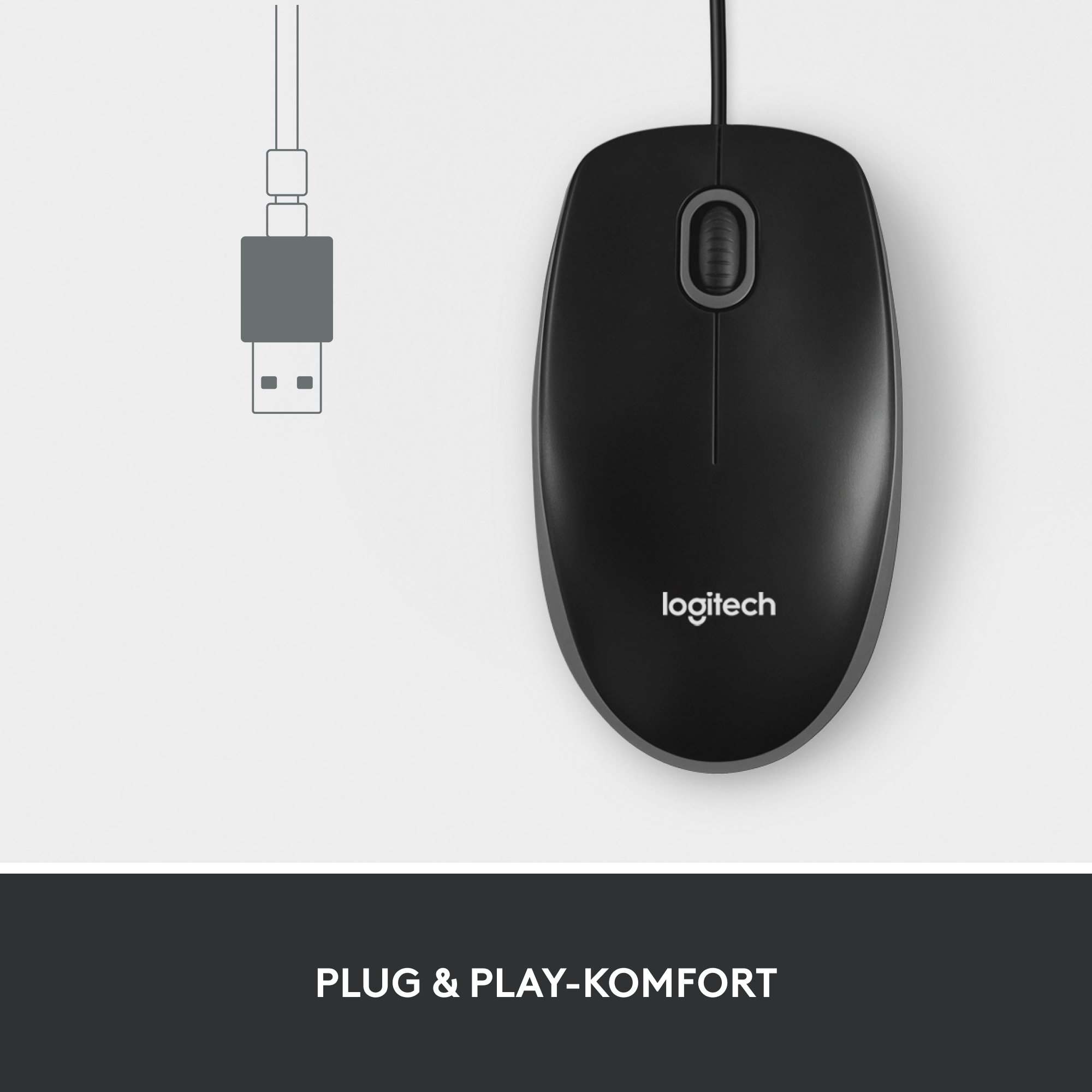 Schwarze Logitech-Maus mit USB-Kabel auf weißer Oberfläche.