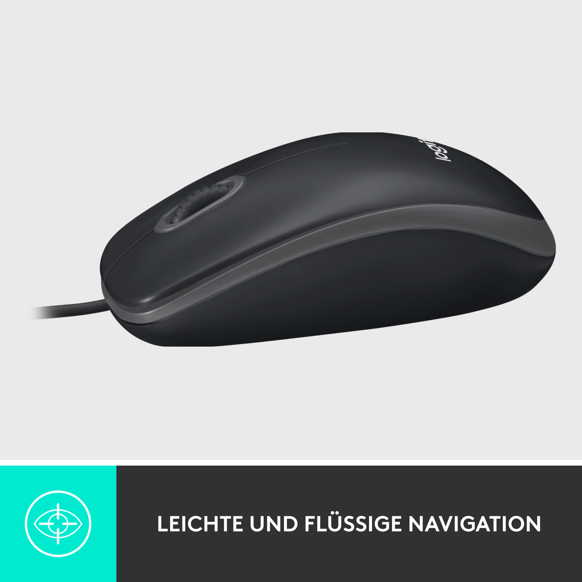Eine schwarze Logitech-Computermaus mit Scrollrad auf hellgrauem Hintergrund. Das Wort Logitech ist sichtbar.